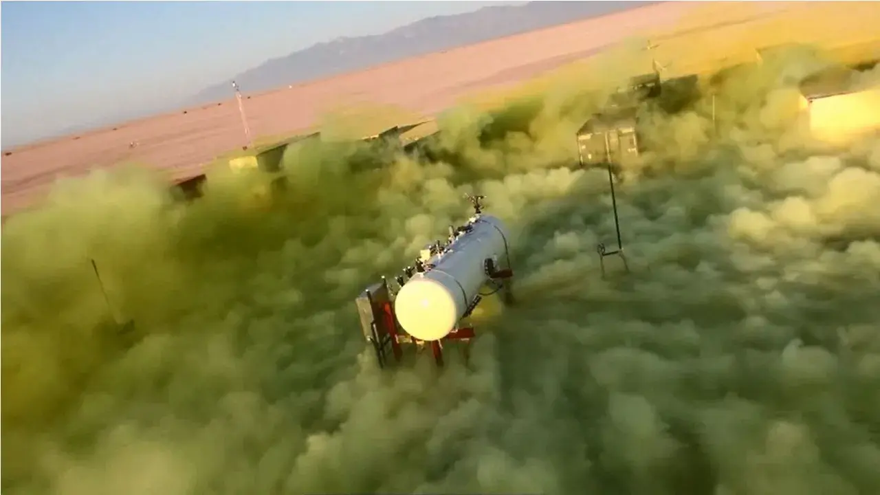 Chlorine surging from a 5-ton tank in Dugway Proving Ground in Utah. The gas stays close to the ground as it is 2.5 times heavier than air.