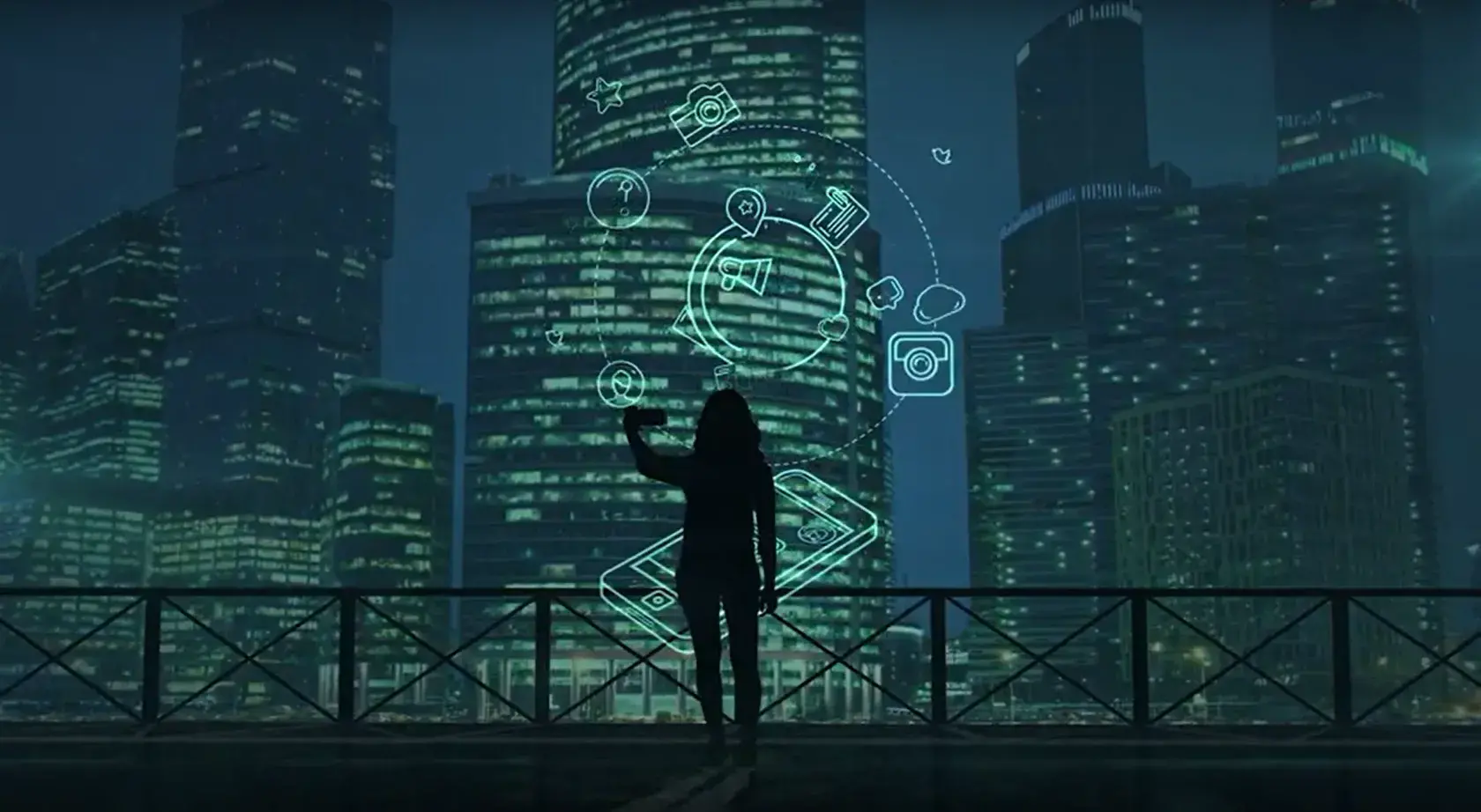 AUDREY concept image. Woman standing in front of a smart phone with different app icons, with a city backdrop.