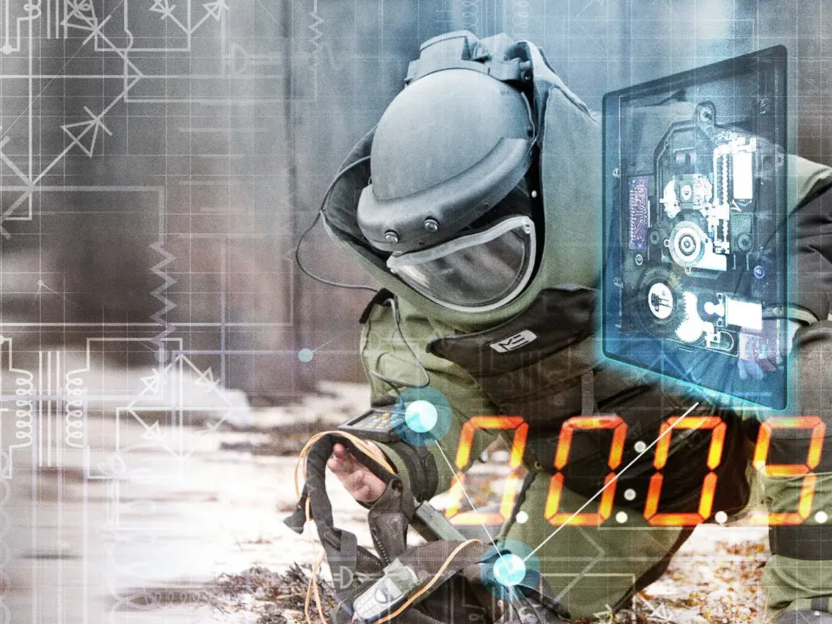 A bomb technician with a clock countdown.