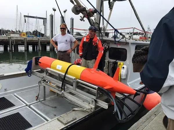 Onboard the research vessel, the 3-D oil scanning robot LRAUV is ready to test its new configuration. Photo by U.S. Coast Guard.