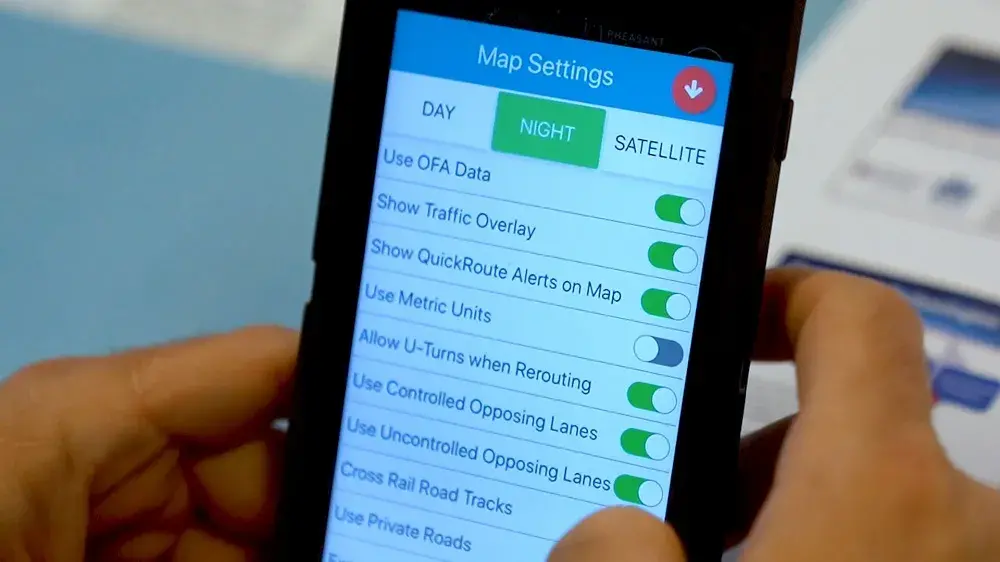QuickRoute app map settings on a smart phone