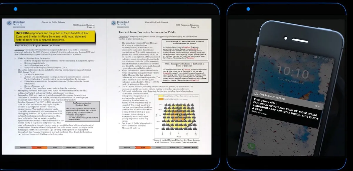 Une capture d'écran du document RDD Response Guidance et une capture d'écran d'un téléphone intelligent avec une alerte d'urgence affichée à l'écran. 