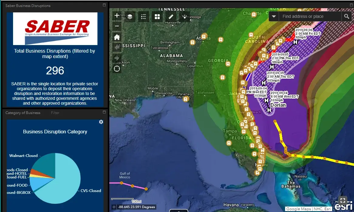 SABER status in an ArcGIS application developed by the U.S. Department of Homeland Security.