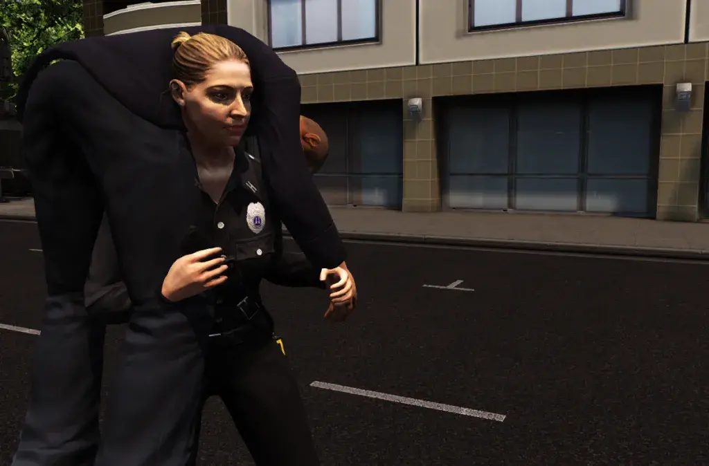 Screenshot from the game of an EMS tech carrying another avatar.