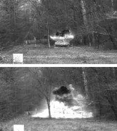 Results from coated (top) and uncoated ammonium nitrate–packed drums. Most of the blast in the top photo is from the C4 plastic explosive used to initiate the blast