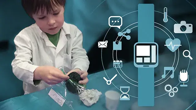 a little boy in a lab coat puts a green blog in a plastic bag. Examples of STEM related topics are on represented on th graphic. 