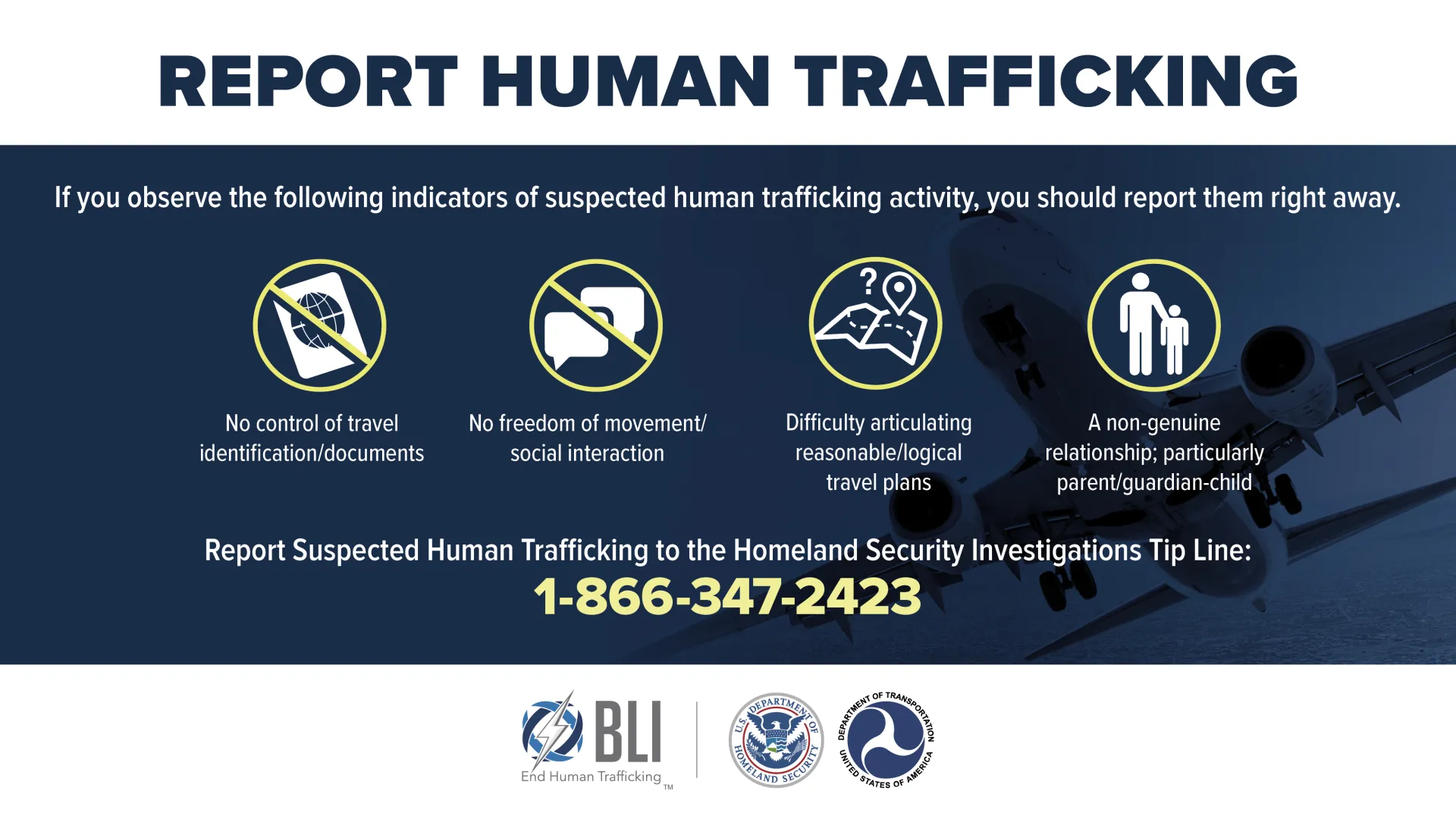 Report Human Trafficking - BLI airport ad outlining what to do if you observe indicators of suspected human trafficking activity