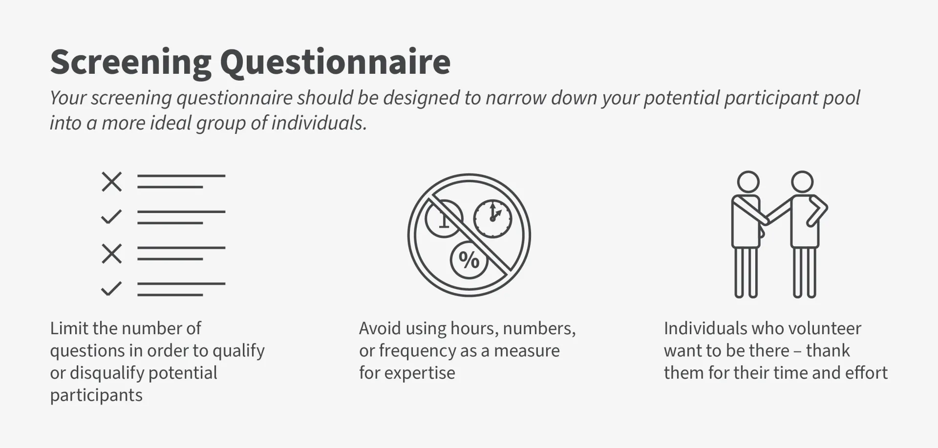 Infographic with three icons highlighting tips for creating a screening questionnaire.