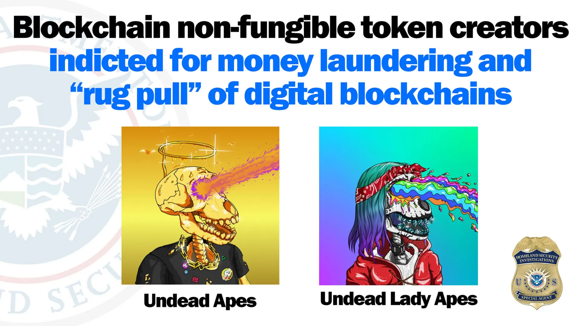 Image of two non-fungible cryptocurrency tokens. 'Undead apes' features a skull dressed in a black gem-encrusted shirt with fire emanating from its eye sockets. 'Undead Lady Apes' features a skull dressed in a hoodie and bandana with liquid emanating from its eyes.