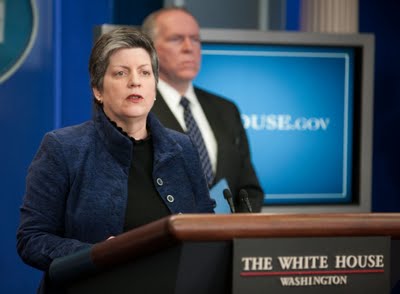 Homeland Security Secretary Janet Napolitano, left, with White House Counterterrorism adviser John Brennan, speaks about the attempted Christmas Day airline bombing during a briefing at the White House,  Jan. 7, 2010.   (Official White House Photo by Chuck Kennedy)